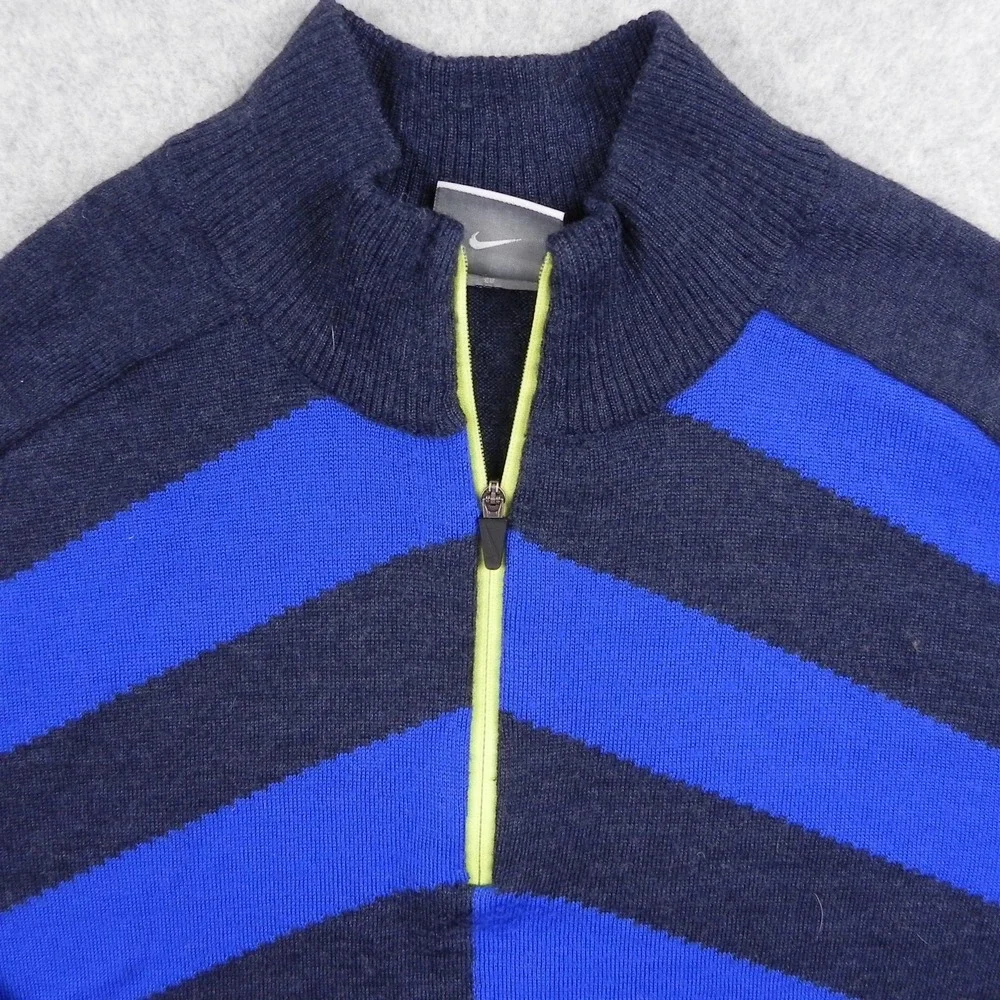 Nike Golf Sweater Mens Large 1/4 Zip Pullover Mock Neck Blue Striped Long Sleeve